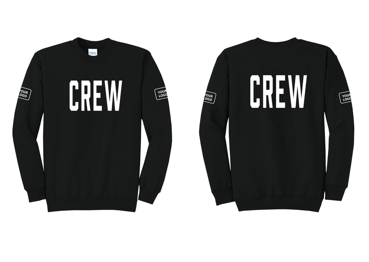 NYC Factory Custom Work Crew Uniform Cotton Fleece Crewneck Sweatshirt with Your Logo (Classic) - Front + Back + Your Logo Sleeves - Black