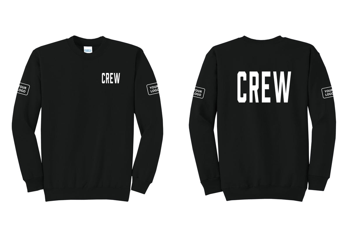 NYC Factory Custom Work Crew Uniform Cotton Fleece Crewneck Sweatshirt with Your Logo (Classic) - Chest + Back + Your Logo Sleeves - Black