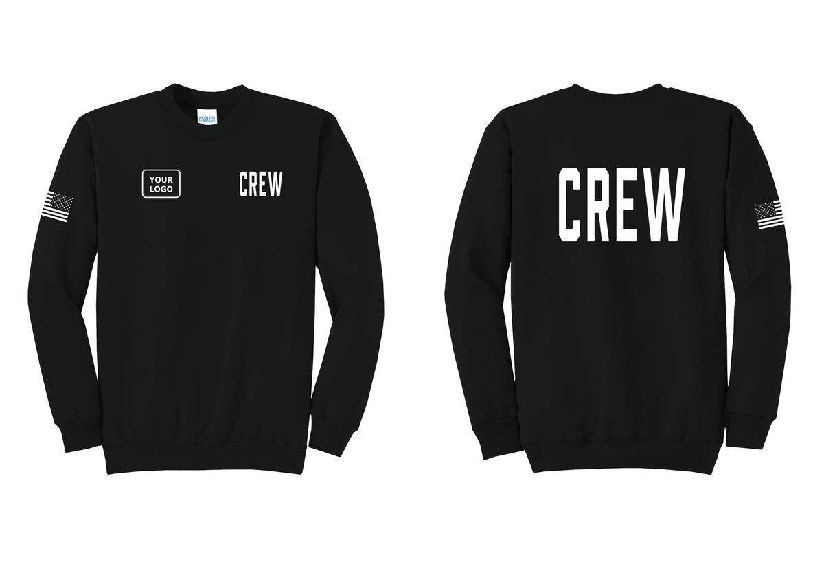 NYC Factory Custom Work Crew Uniform Cotton Fleece Crewneck Sweatshirt with Your Logo (Classic) - CREW + Your Logo + Back + US Flag Sleeve - Black