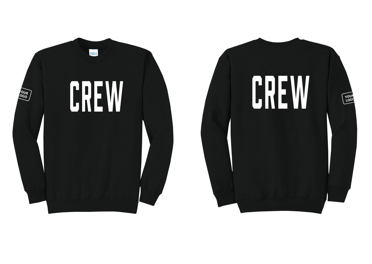 NYC Factory Custom Work Crew Uniform Cotton Fleece Crewneck Sweatshirt with Your Logo (Classic) - Front + Back + Your Logo Sleeve - Black