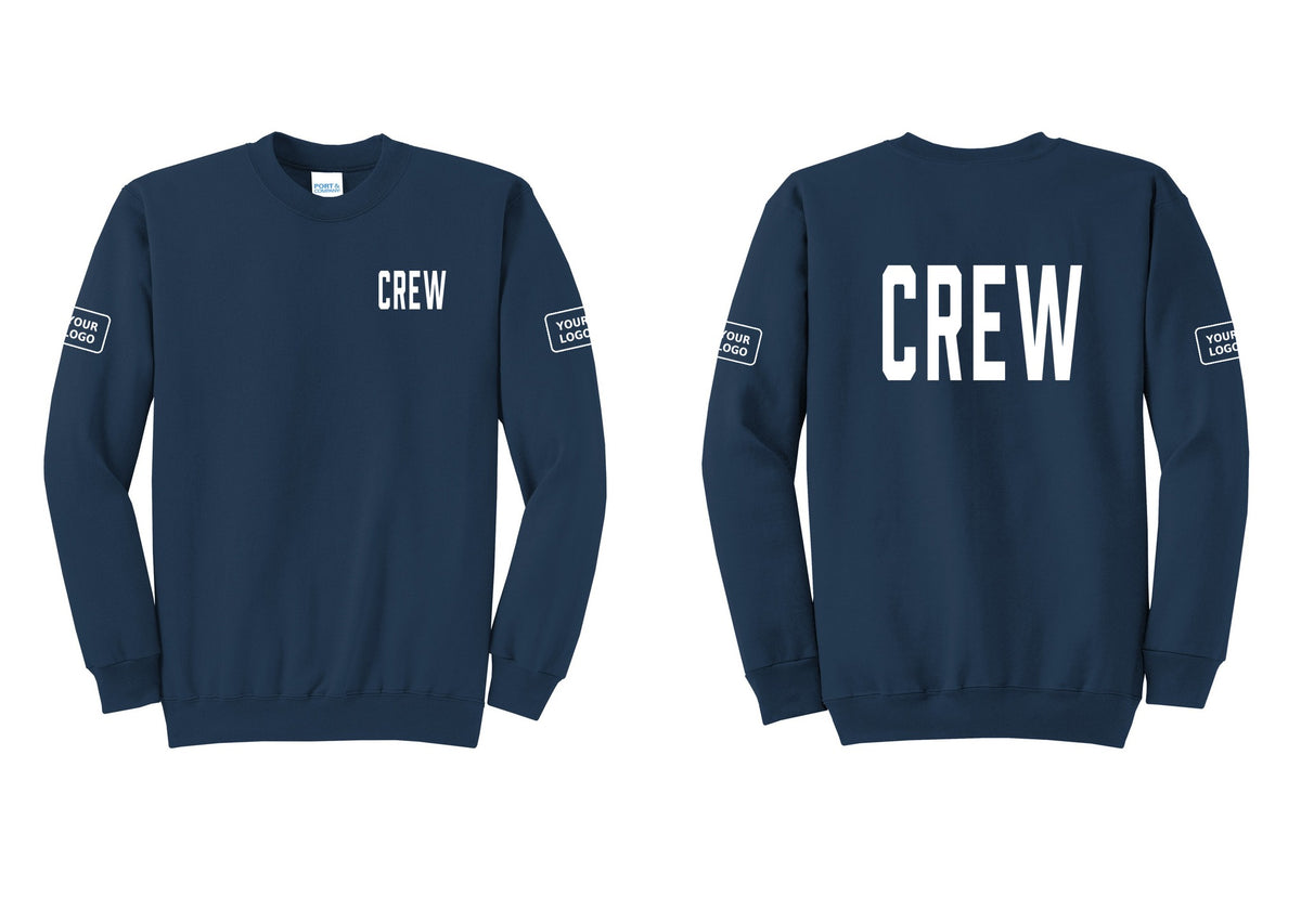 NYC Factory Custom Work Crew Uniform Cotton Fleece Crewneck Sweatshirt with Your Logo (Classic) - Chest + Back + Your Logo Sleeves - Navy