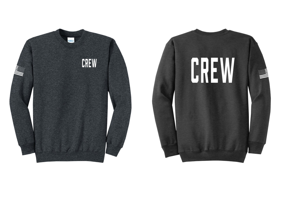 NYC Factory Crew Cotton Fleece Crewneck Sweatshirt for Event Staff & Production Teams (Classic) - Chest + Back + US Flag Sleeve - Dark Heather Grey