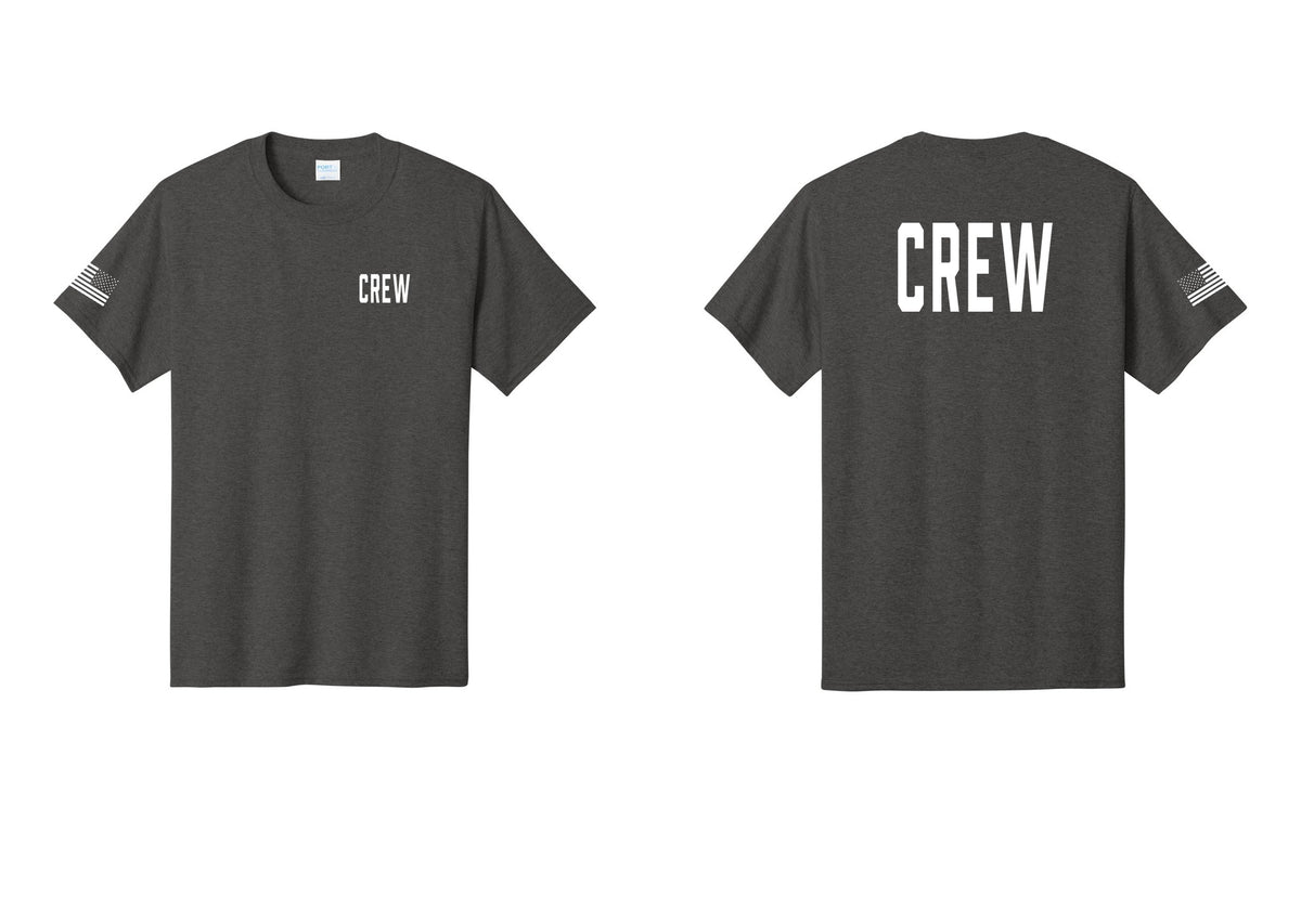 NYC Factory Crew T-Shirt for Event Staff & Production Teams (Classic) - Chest + Back + US Flag Sleeve - Dark Heather Grey