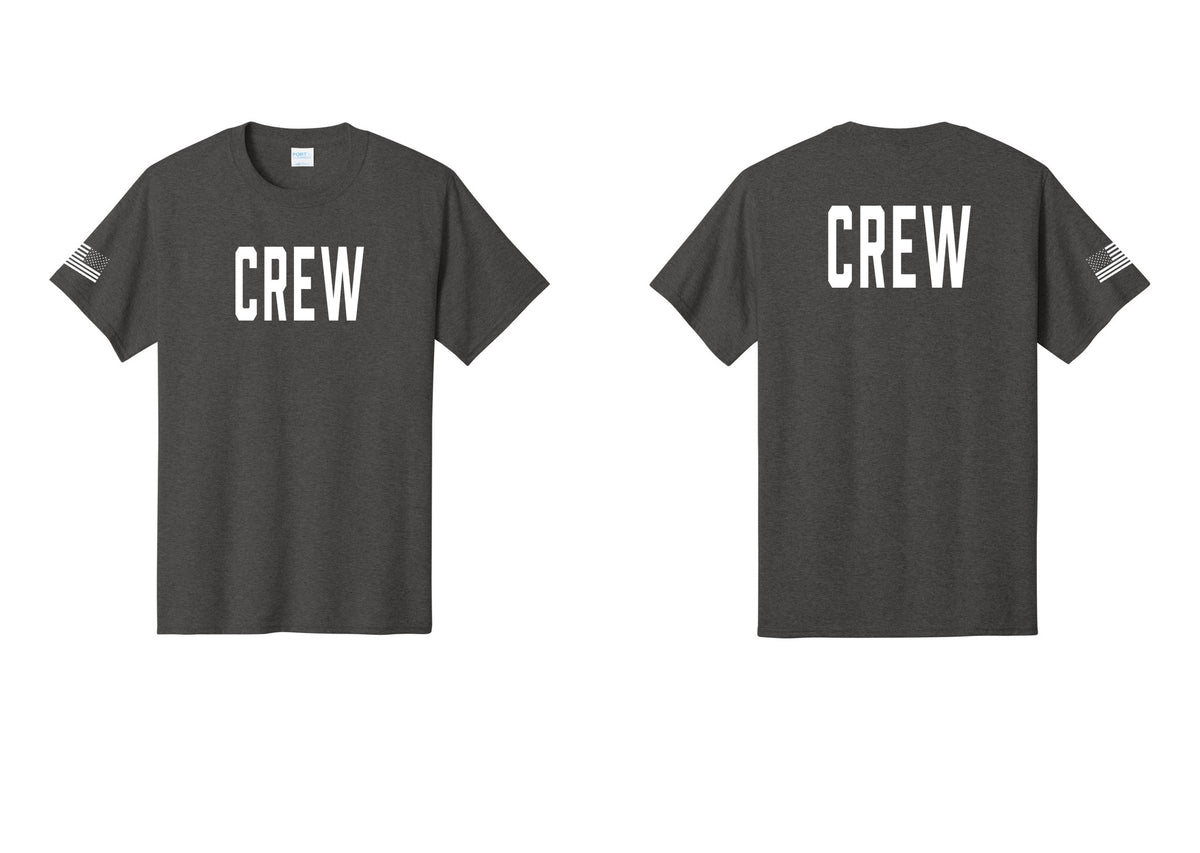 NYC Factory Crew T-Shirt for Event Staff & Production Teams (Classic) - Front + Back + US Flag Sleeve - Dark Heather Grey