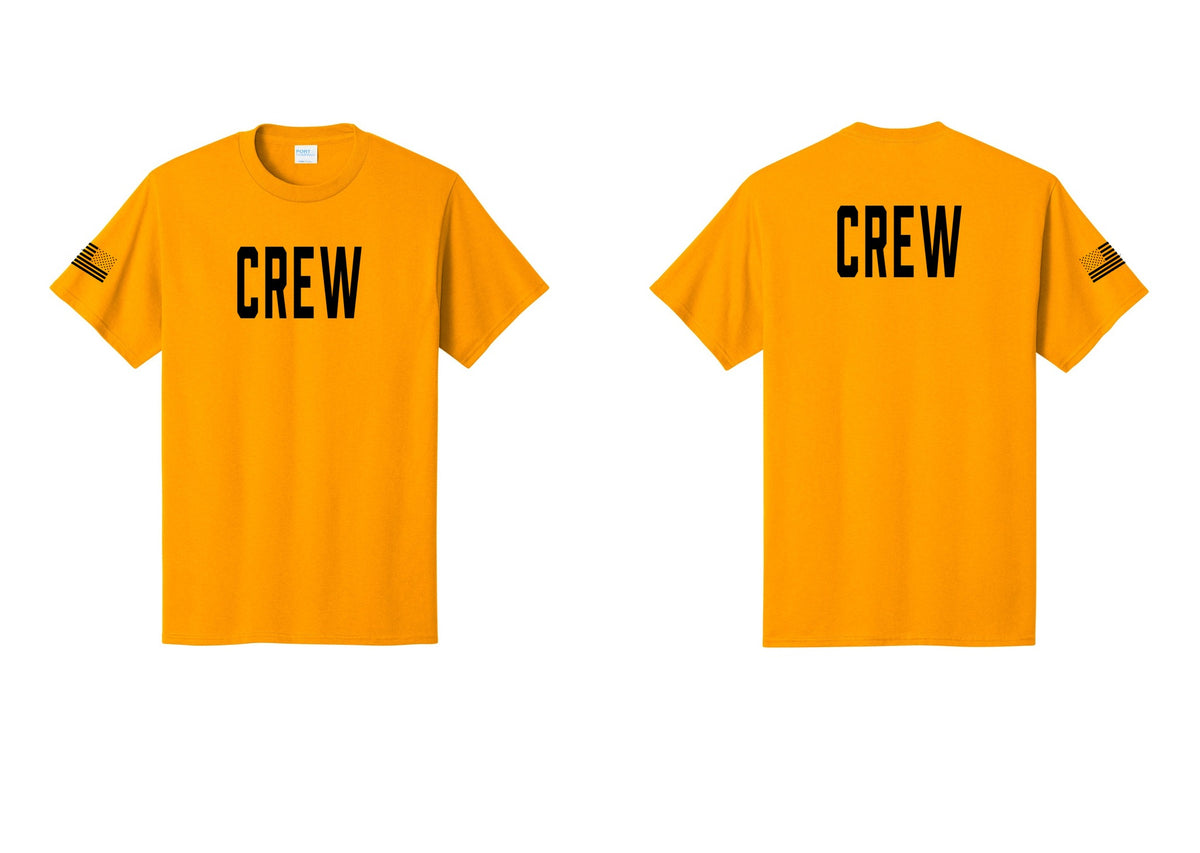 NYC Factory Crew T-Shirt, Condensed Lettering - Front + Back + US Flag Sleeve - Gold