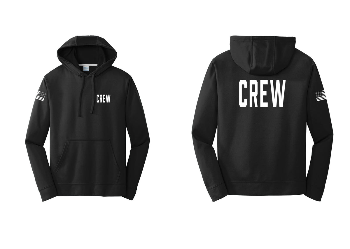 NYC Factory Crew Performance Hooded Fleece Pullover Sweatshirt for Event Staff & Production Teams (Classic) - Chest + Back + US Flag Sleeve - Black