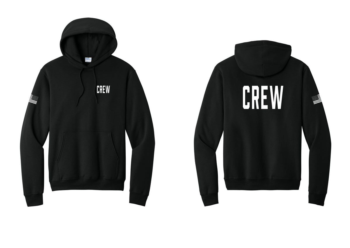NYC Factory Crew Cotton Fleece Pullover Hoodie for Event Staff & Production Teams (Classic) - Chest + Back + US Flag Sleeve - Black