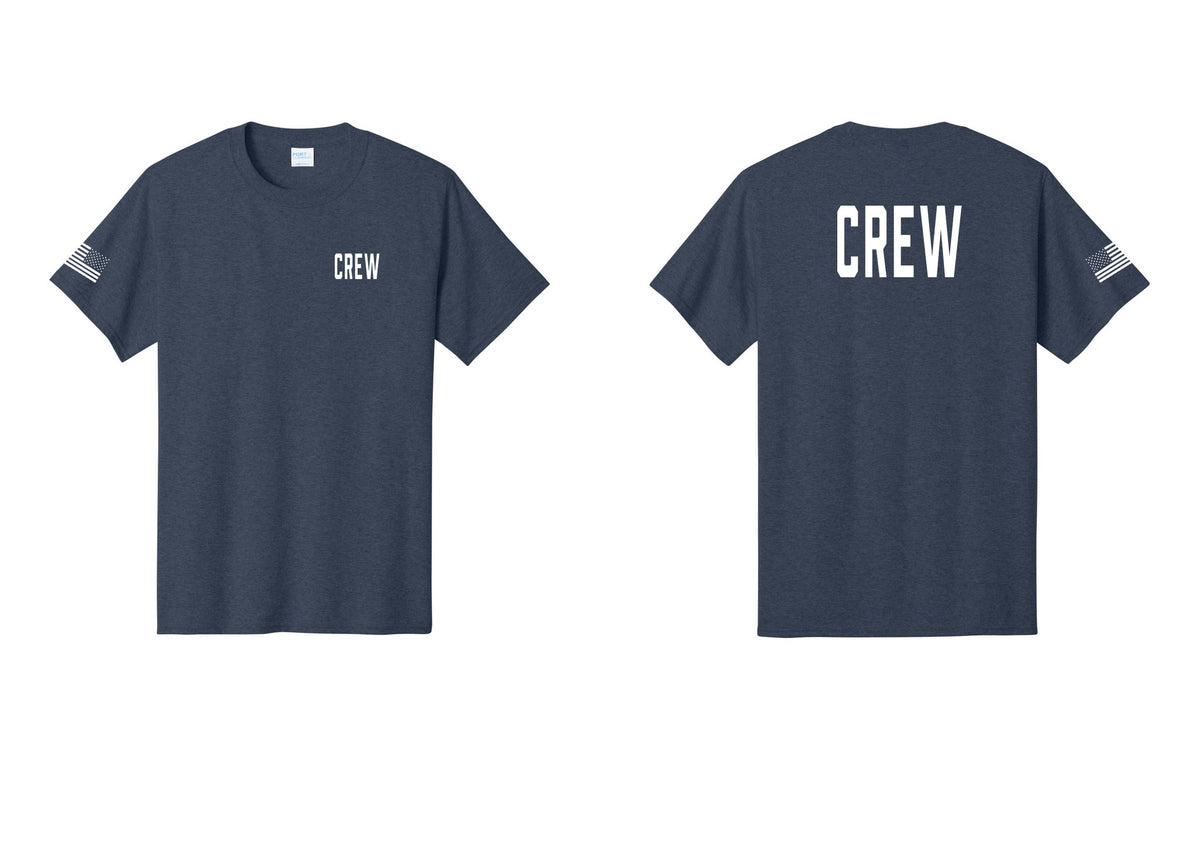 NYC Factory Crew T-Shirt, Condensed Lettering - Chest + Back + US Flag Sleeve - Heather Navy