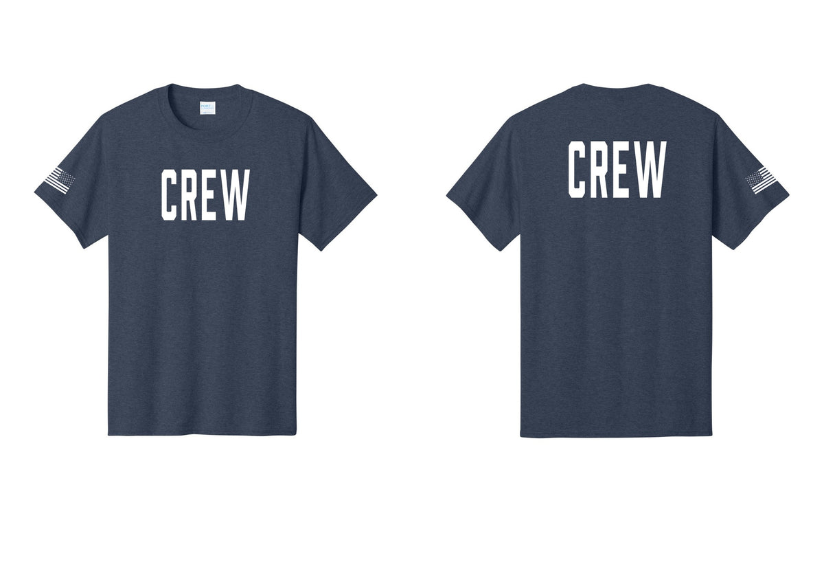 NYC Factory Crew T-Shirt for Event Staff & Production Teams (Classic) - Front + Back + US Flag Sleeve - Heather Navy