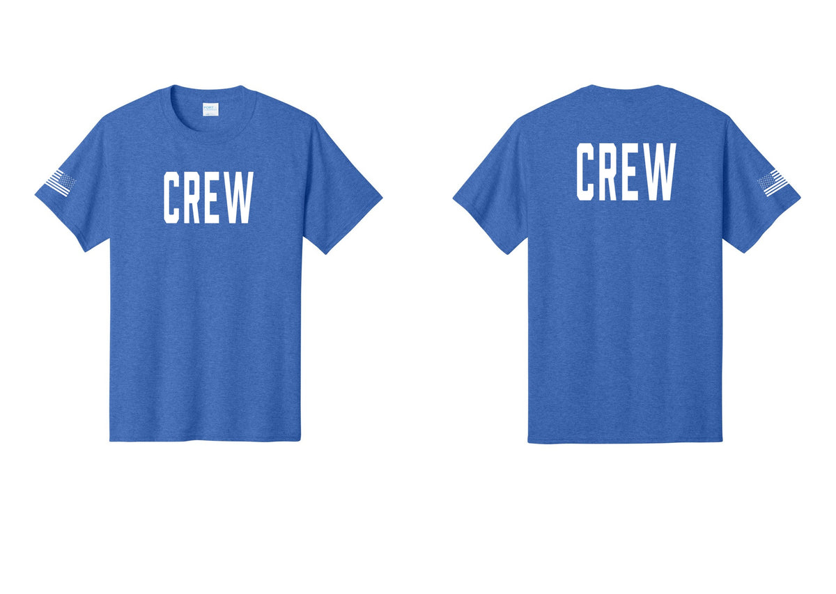NYC Factory Crew T-Shirt for Event Staff & Production Teams (Classic) - Front + Back + US Flag Sleeve - Heather Royal