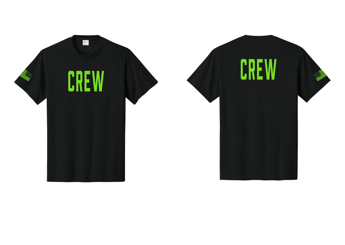 NYC Factory Crew T-Shirt, Condensed Lettering - Front + Back + US Flag Sleeve - Black / Neon