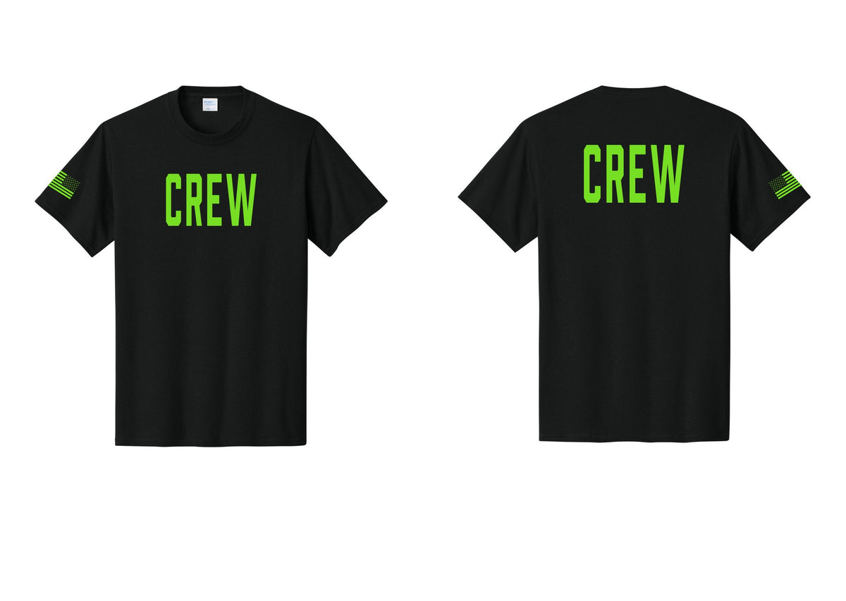 NYC Factory Crew T-Shirt for Event Staff & Production Teams (Classic) - Front + Back + US Flag Sleeve - Black / Neon