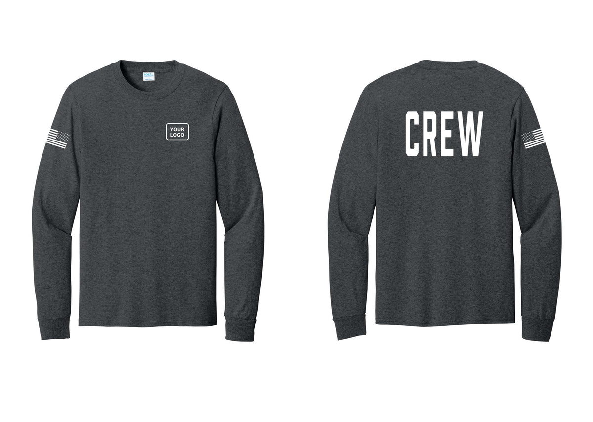 NYC Factory Custom Work Crew Uniform Cotton Long Sleeve Tee with Your Logo (Classic) - Your Logo + Back + US Flag Sleeve - Dark Heather Grey