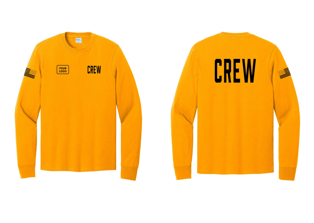 NYC Factory Custom Work Crew Uniform Cotton Long Sleeve Tee with Your Logo (Classic) - CREW + Your Logo + Back + US Flag Sleeve - Gold