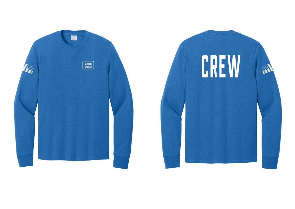 NYC Factory Custom Work Crew Uniform Cotton Long Sleeve Tee with Your Logo (Classic) - Your Logo + Back + US Flag Sleeve - Royal
