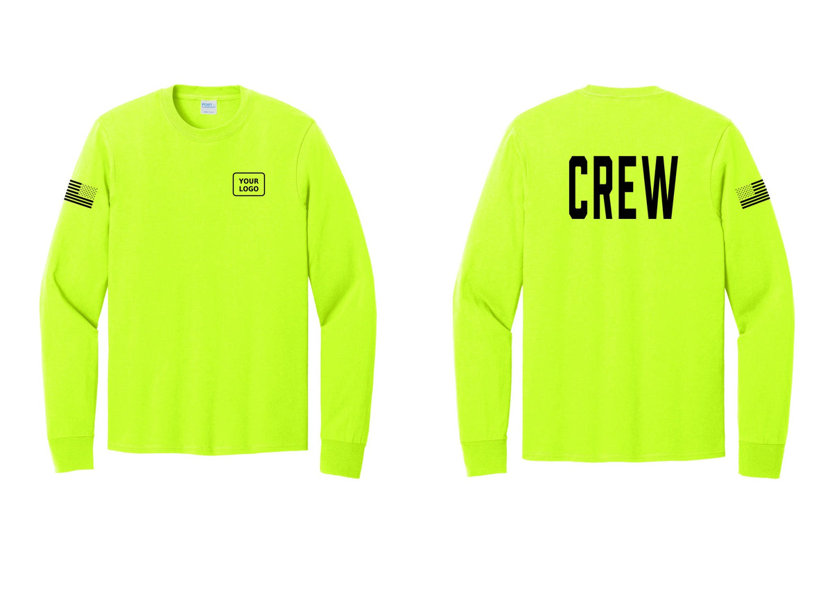 NYC Factory Custom Work Crew Uniform Cotton Long Sleeve Tee with Your Logo (Classic) - Your Logo + Back + US Flag Sleeve - Safety Green