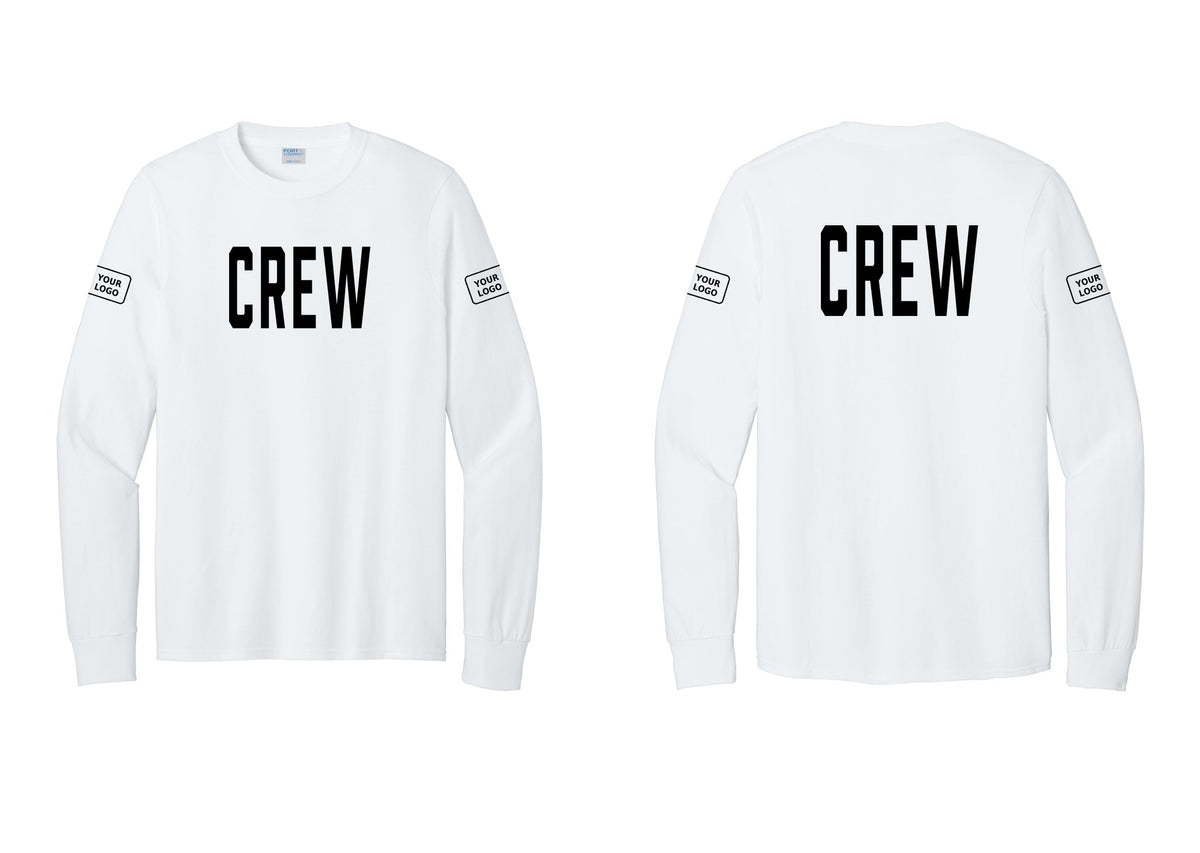 NYC Factory Custom Work Crew Uniform Cotton Long Sleeve Tee with Your Logo (Classic) - Front + Back + Your Logo Sleeves - White