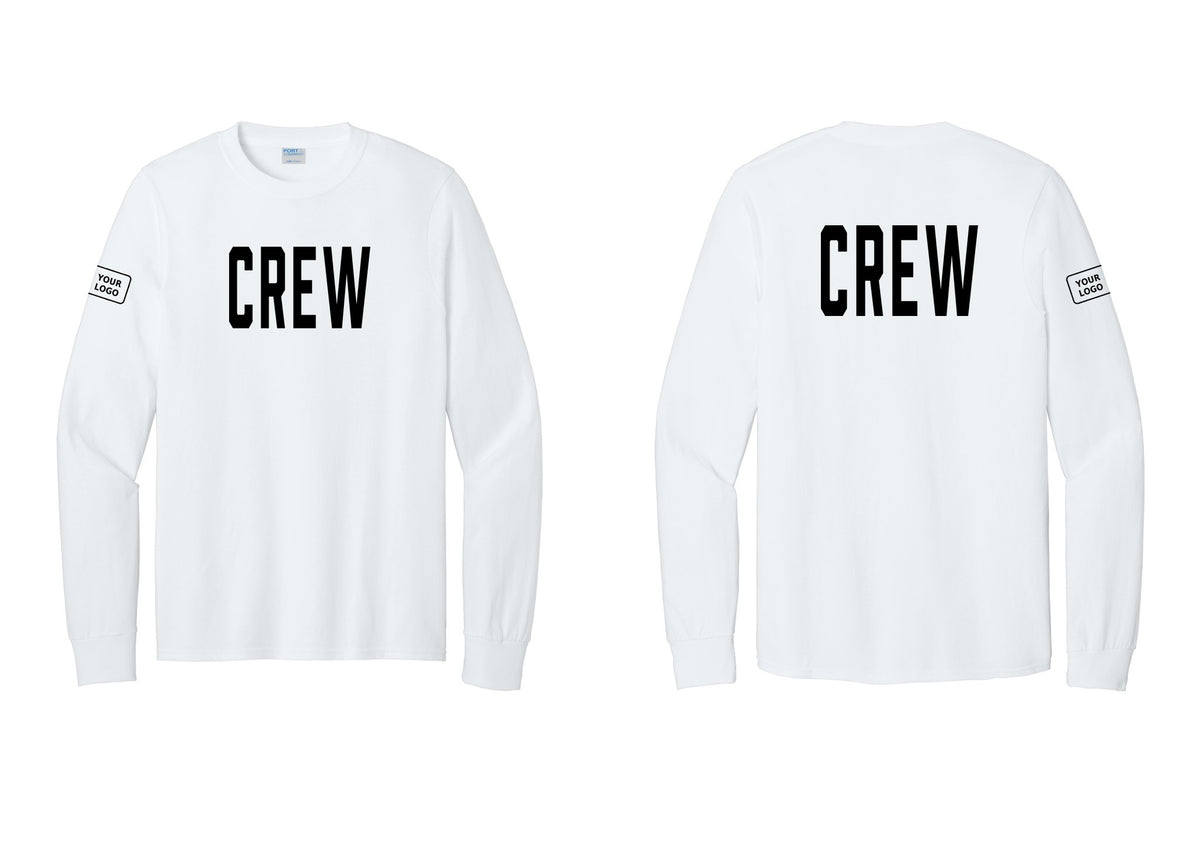 NYC Factory Custom Work Crew Uniform Cotton Long Sleeve Tee with Your Logo (Classic) - Front + Back + Your Logo Sleeve - White