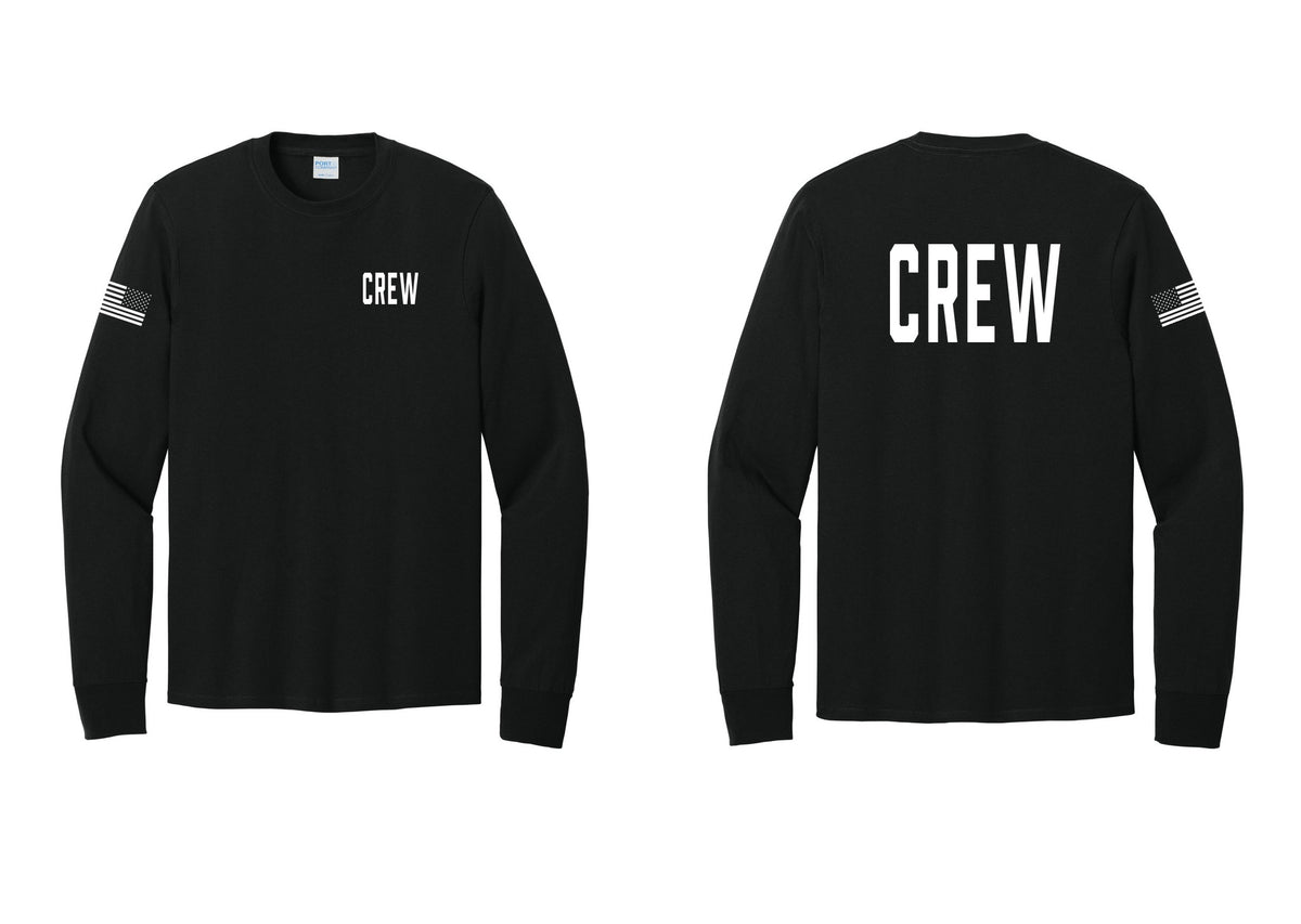 NYC Factory Crew Cotton Long Sleeve T-Shirt for Event Staff & Production Teams (Classic) - Chest + Back + US Flag Sleeve - Black