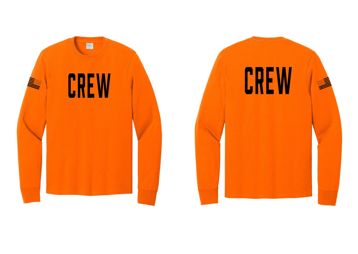 NYC Factory Crew Cotton Long Sleeve T-Shirt for Event Staff & Production Teams (Classic) - Front + Back + US Flag Sleeve - Safety Orange