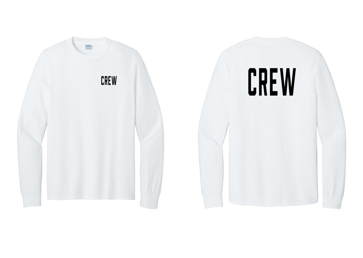 NYC Factory Crew Cotton Long Sleeve T-Shirt for Event Staff & Production Teams (Classic) - Chest + Back - White