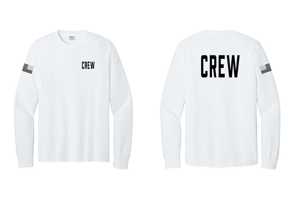 NYC Factory Crew Cotton Long Sleeve T-Shirt for Event Staff & Production Teams (Classic) - Chest + Back + US Flag Sleeve - White
