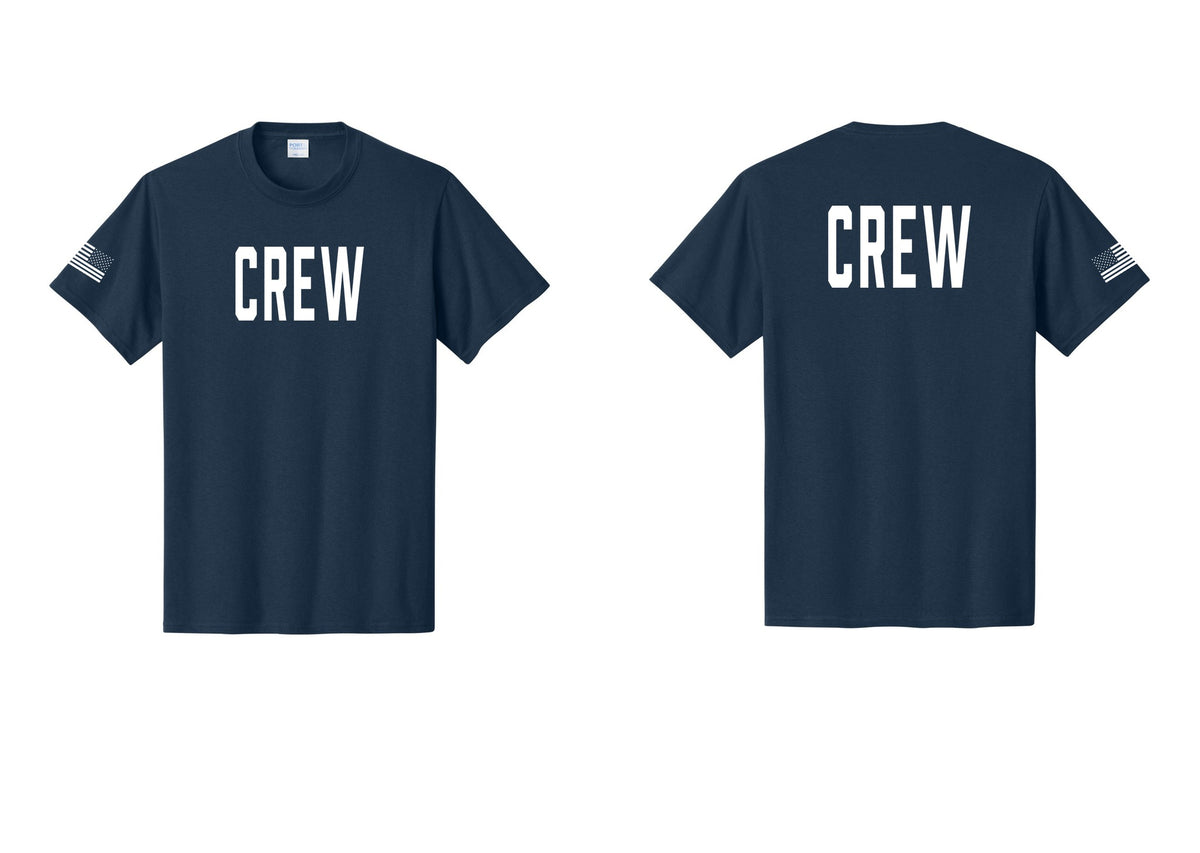 NYC Factory Crew T-Shirt for Event Staff & Production Teams (Classic) - Front + Back + US Flag Sleeve - Navy