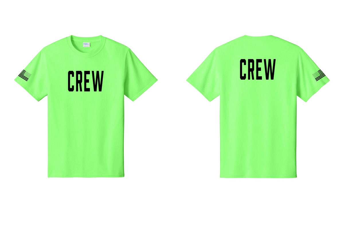 NYC Factory Crew T-Shirt, Condensed Lettering - Front + Back + US Flag Sleeve - Neon Green