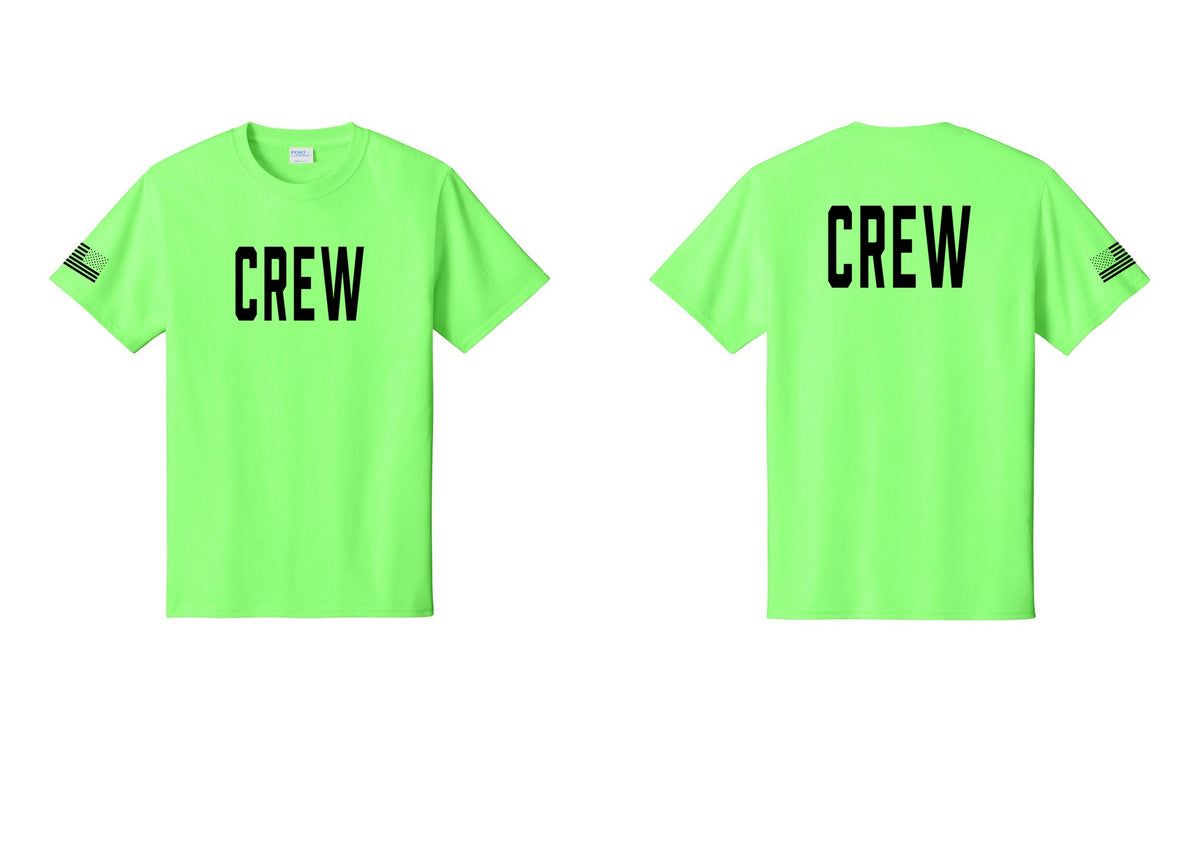 NYC Factory Crew T-Shirt for Event Staff & Production Teams (Classic) - Front + Back + US Flag Sleeve - Neon Green