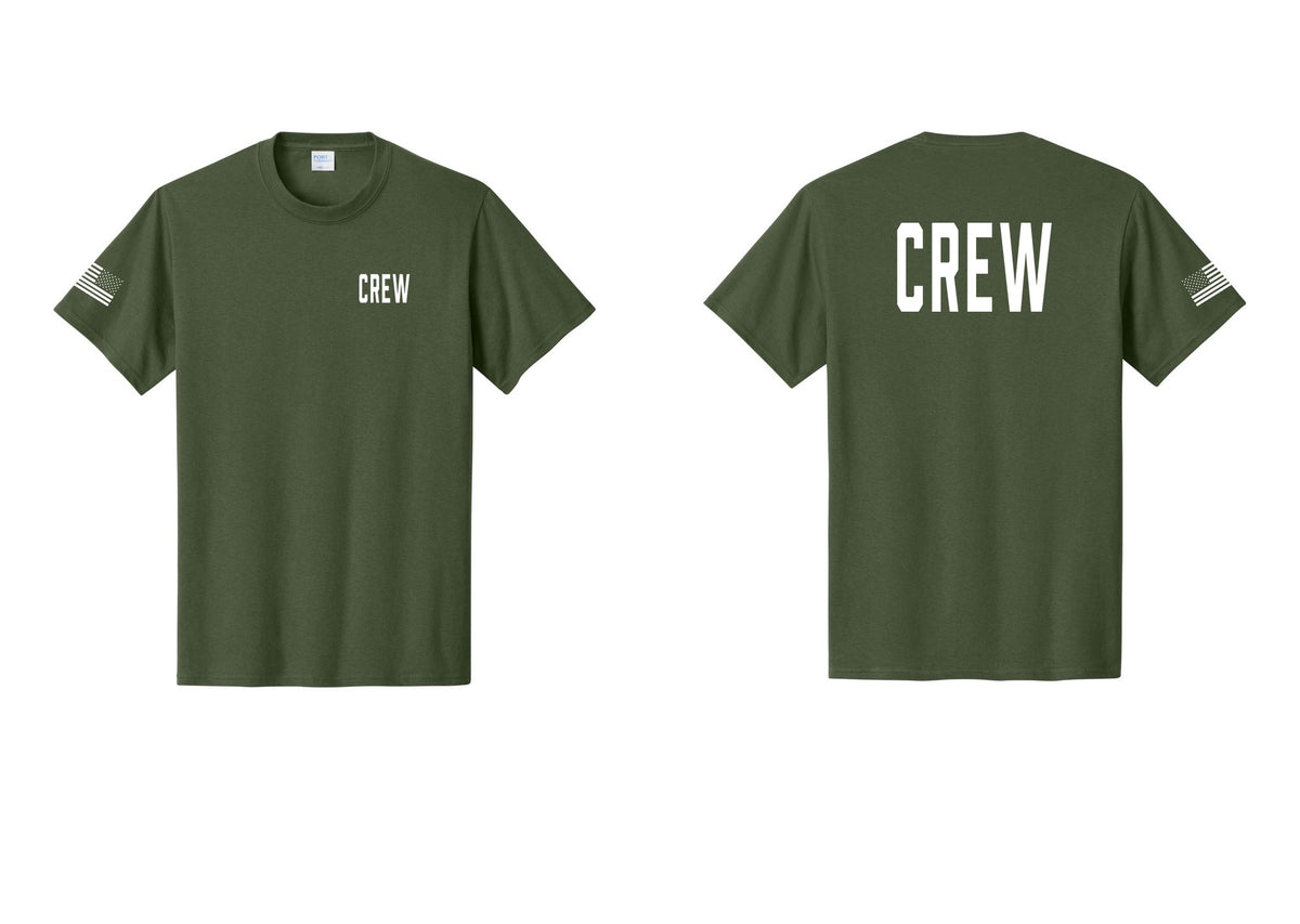 NYC Factory Crew T-Shirt for Event Staff & Production Teams (Classic) - Chest + Back + US Flag Sleeve - Olive