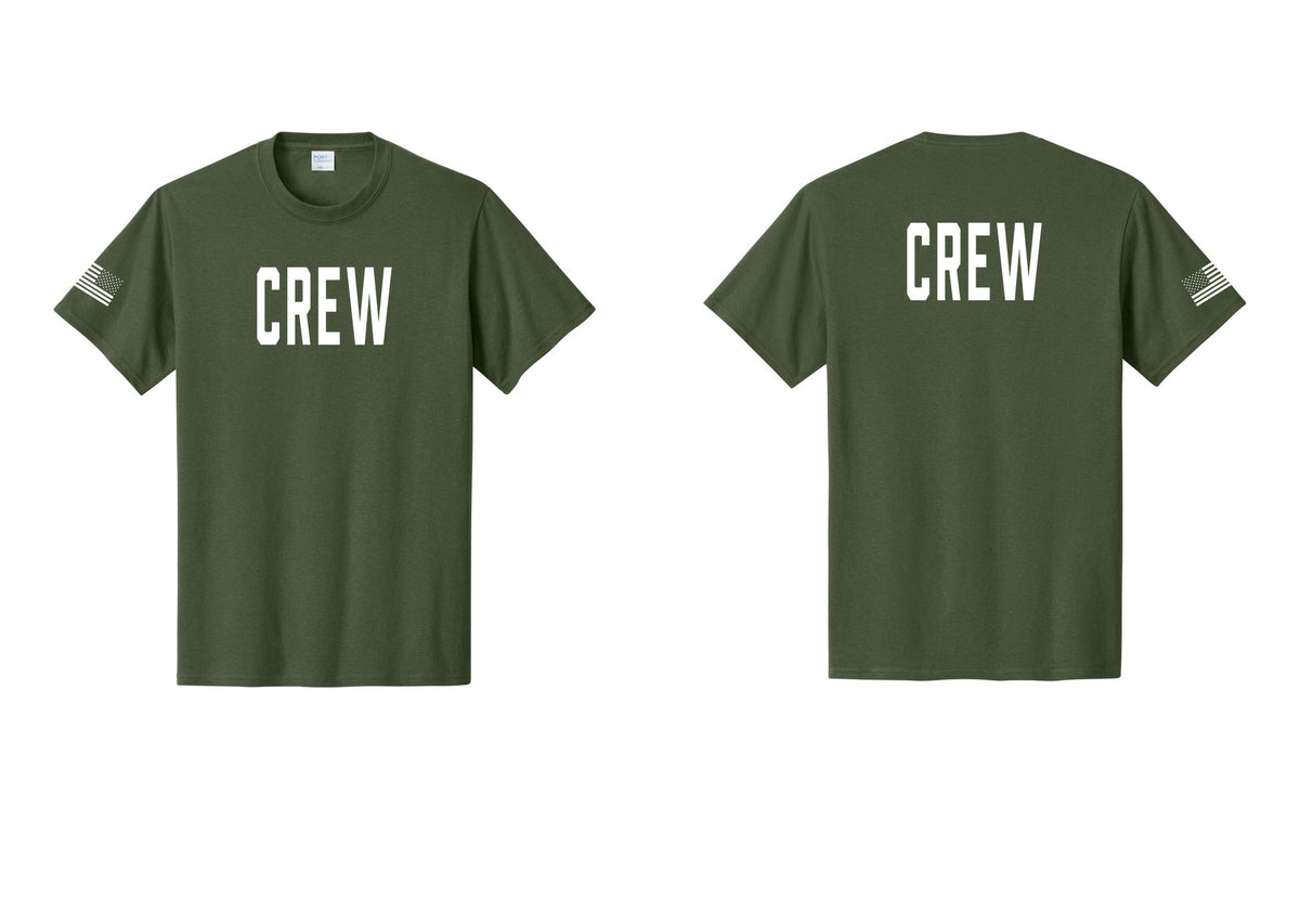 NYC Factory Crew T-Shirt, Condensed Lettering - Front + Back + US Flag Sleeve - Olive