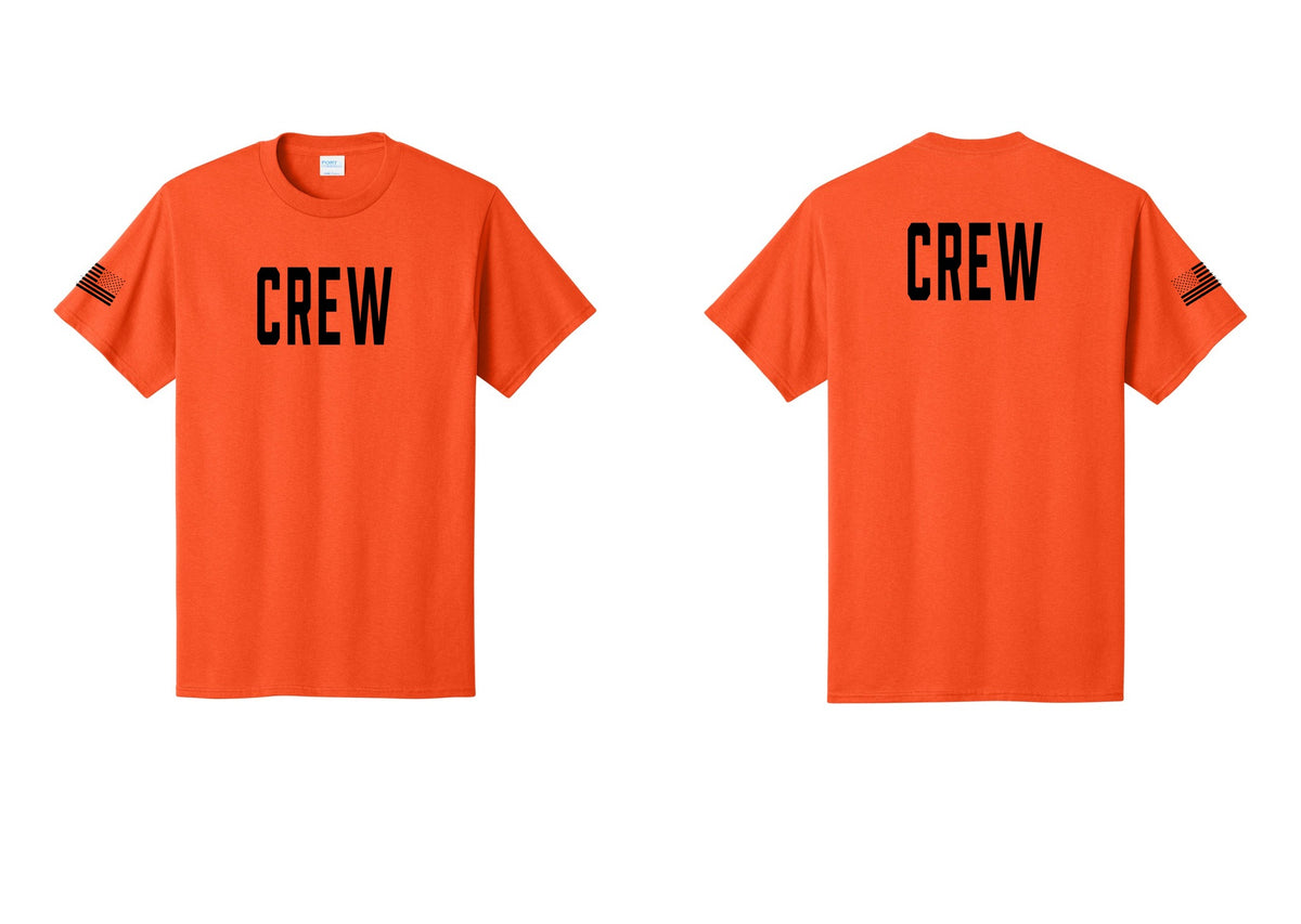 NYC Factory Crew T-Shirt, Condensed Lettering - Front + Back + US Flag Sleeve - Orange