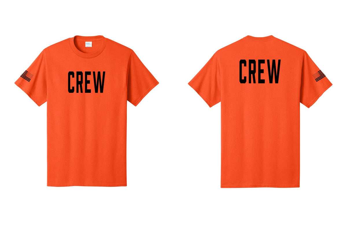 NYC Factory Crew T-Shirt for Event Staff & Production Teams (Classic) - Front + Back + US Flag Sleeve - Orange