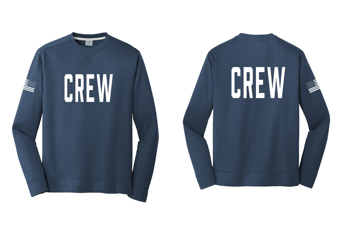 NYC Factory Crew Performance Fleece Crewneck Sweatshirt for Event Staff & Production Teams (Classic) - Front + Back + US Flag Sleeve - Navy