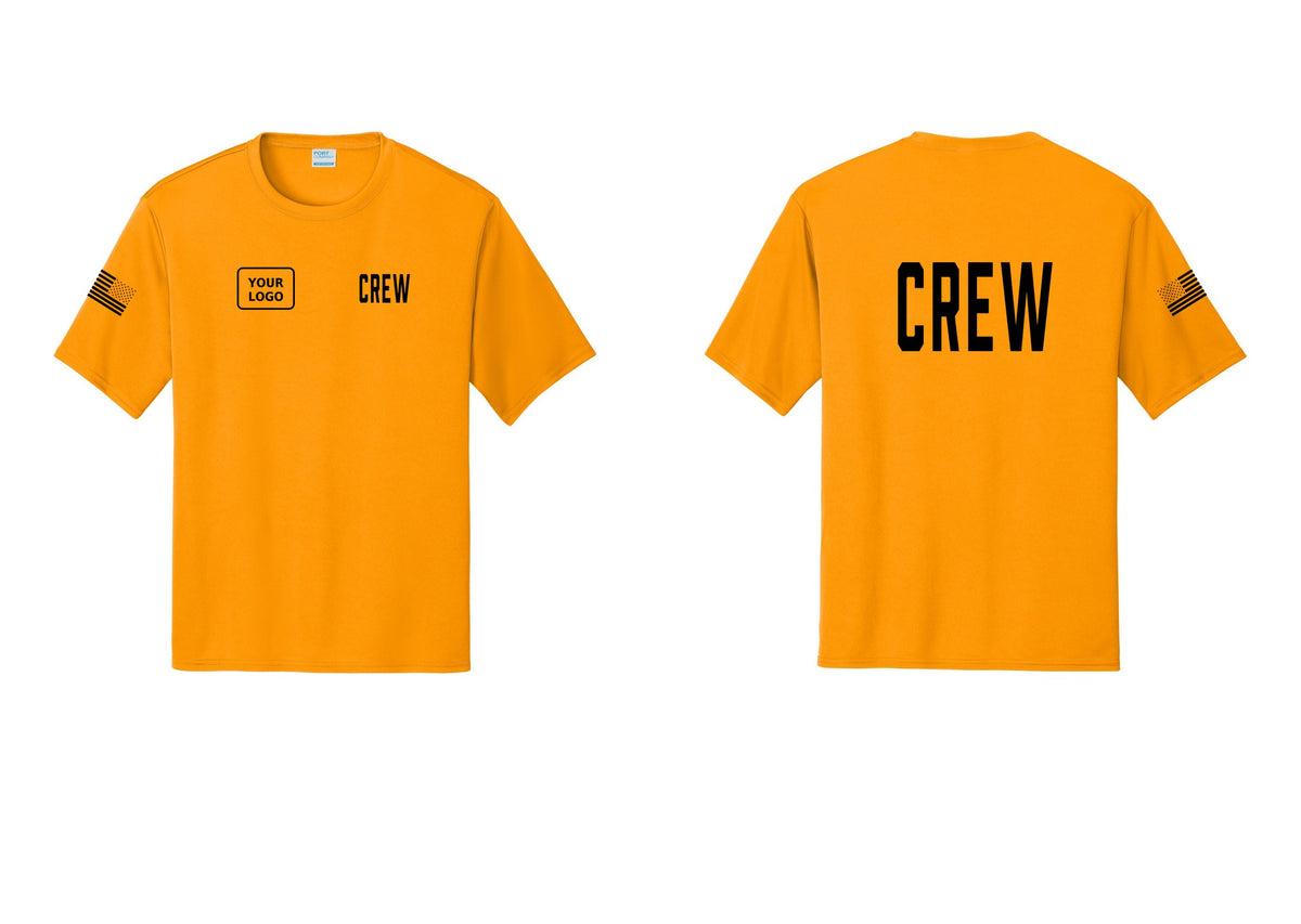 NYC Factory Custom Work Crew Uniform Performance Tee with Your Logo (Classic) - CREW + Your Logo + Back + US Flag Sleeve - Gold