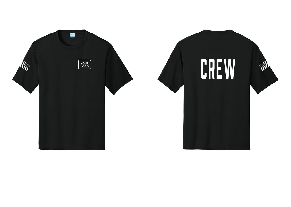 NYC Factory Custom Work Crew Uniform Performance Tee with Your Logo (Classic) - Your Logo + Back + US Flag Sleeve - Black