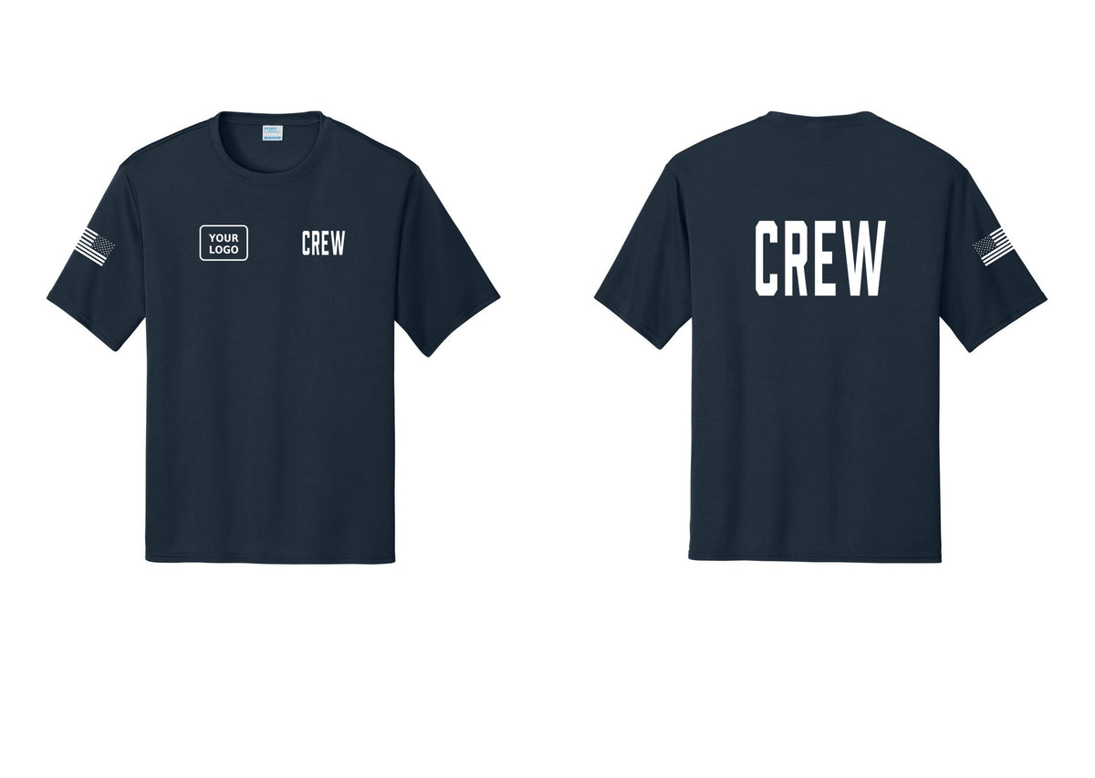 NYC Factory Custom Work Crew Uniform Performance Tee with Your Logo (Classic) - CREW + Your Logo + Back + US Flag Sleeve - Navy