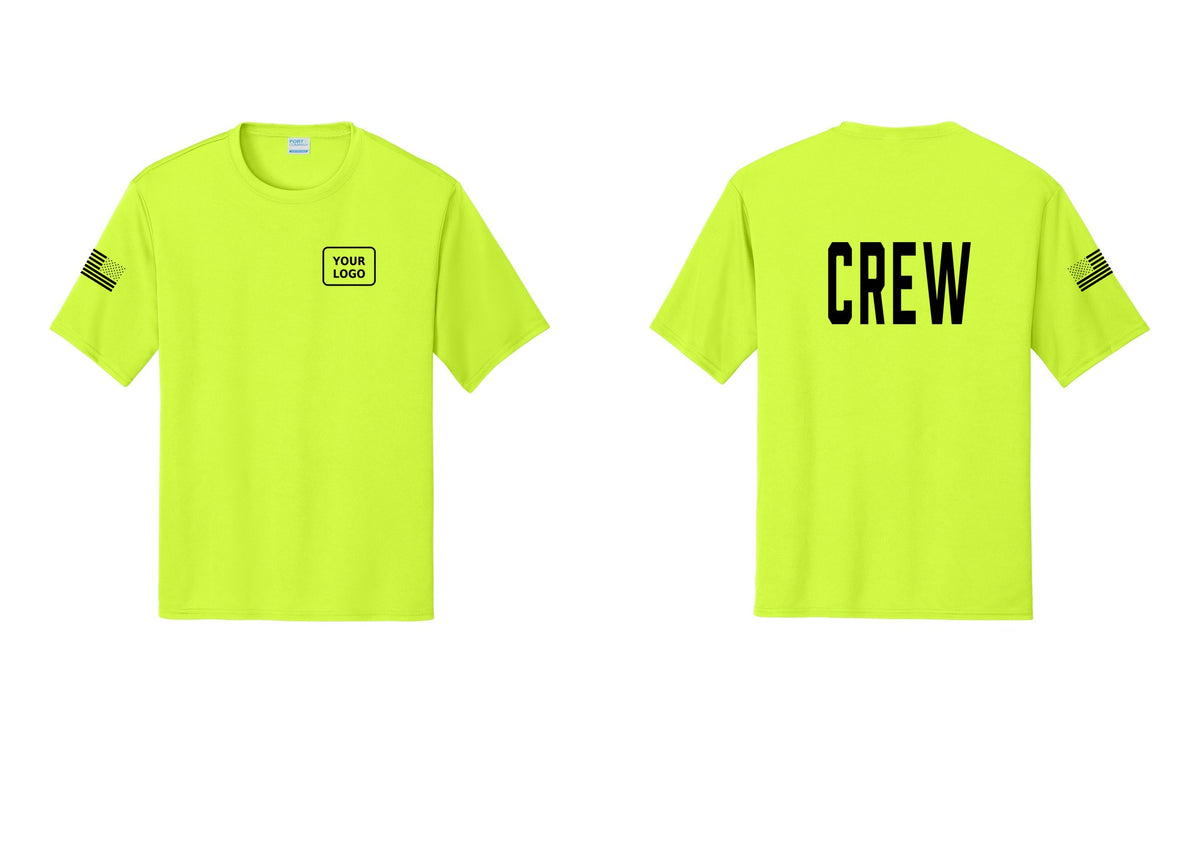 NYC Factory Custom Work Crew Uniform Performance Tee with Your Logo (Classic) - Your Logo + Back + US Flag Sleeve - Neon Yellow