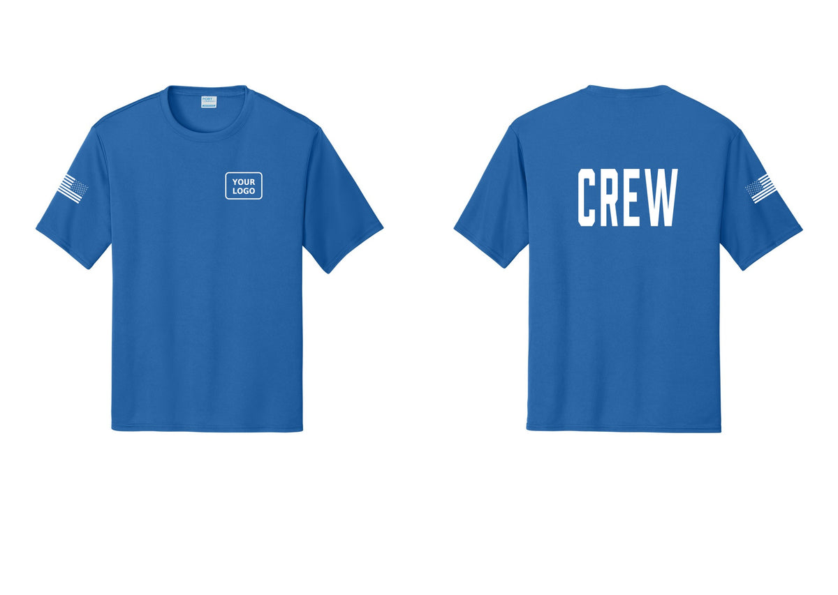 NYC Factory Custom Work Crew Uniform Performance Tee with Your Logo (Classic) - Your Logo + Back + US Flag Sleeve - Royal