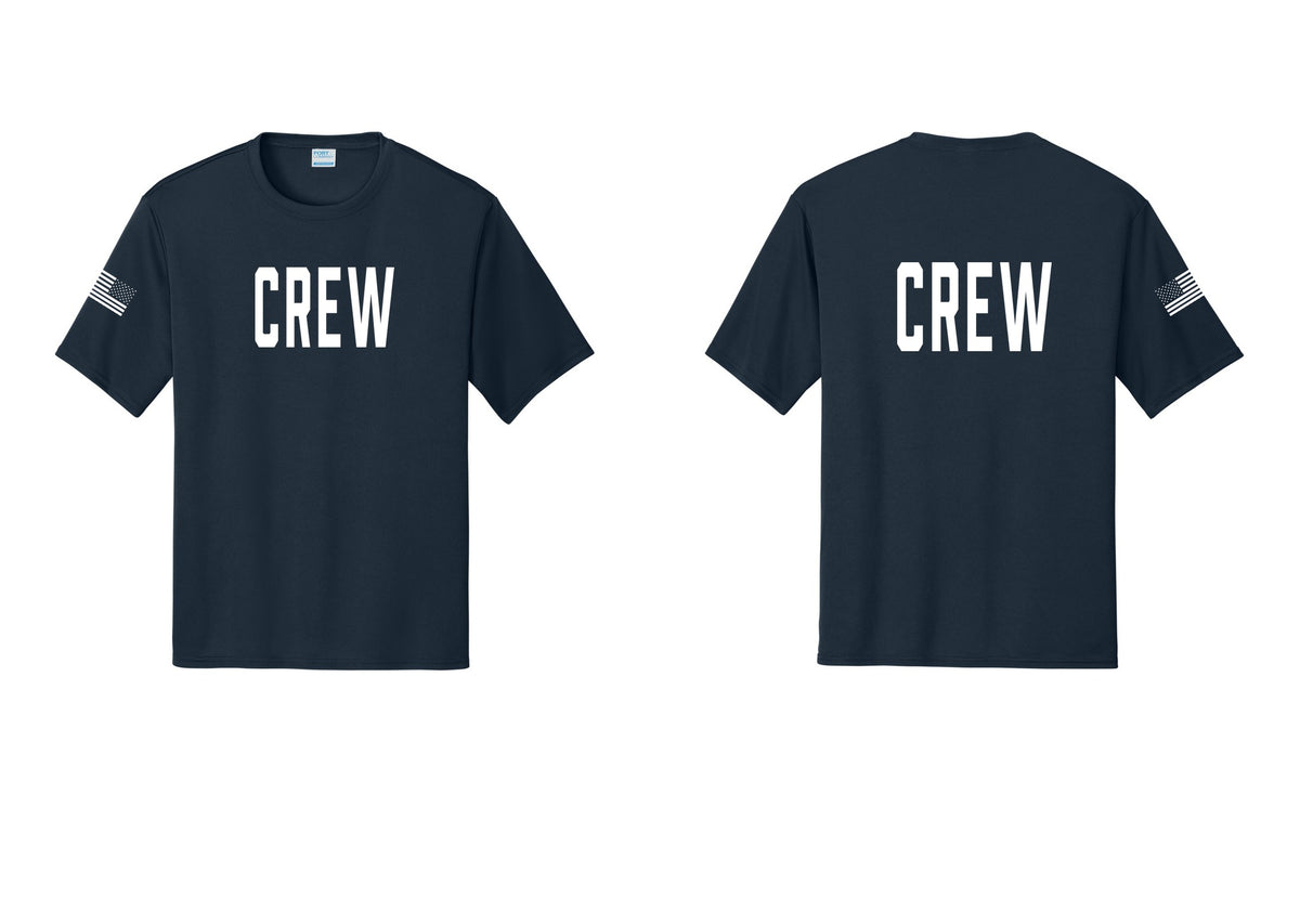 NYC Factory Crew Performance T-Shirt for Event Staff & Production Teams (Classic) - Front + Back + US Flag Sleeve - Navy