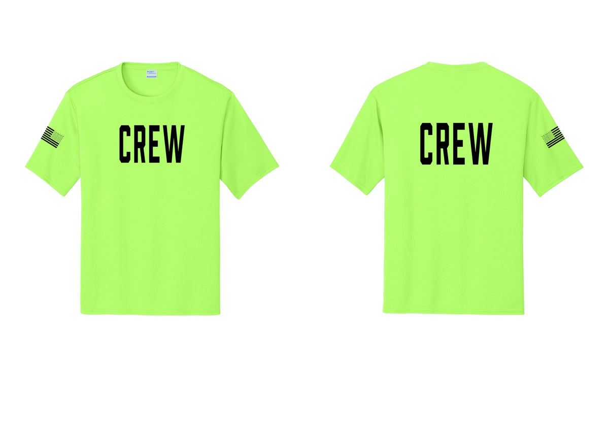 NYC Factory Crew Performance T-Shirt for Event Staff & Production Teams (Classic) - Front + Back + US Flag Sleeve - Neon Green
