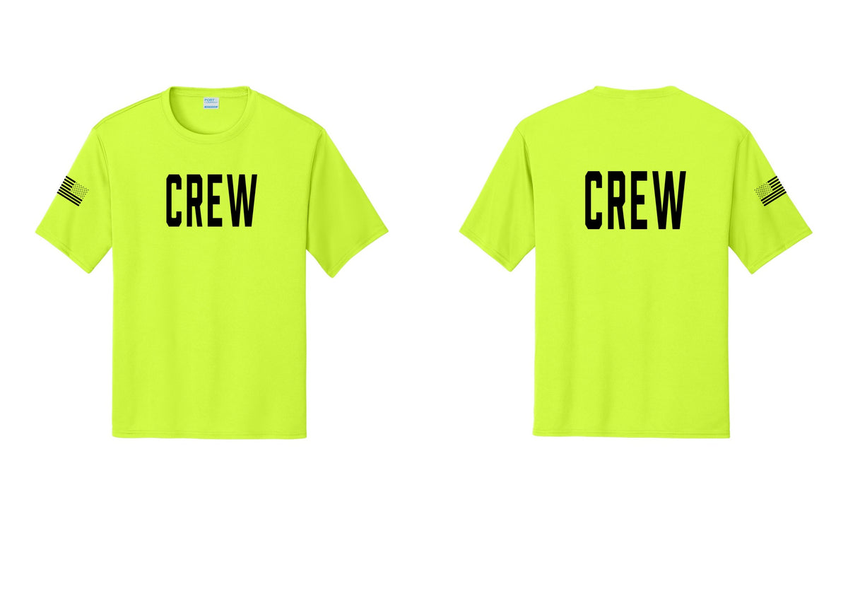 NYC Factory Crew Performance T-Shirt for Event Staff & Production Teams (Classic) - Front + Back + US Flag Sleeve - Neon Yellow