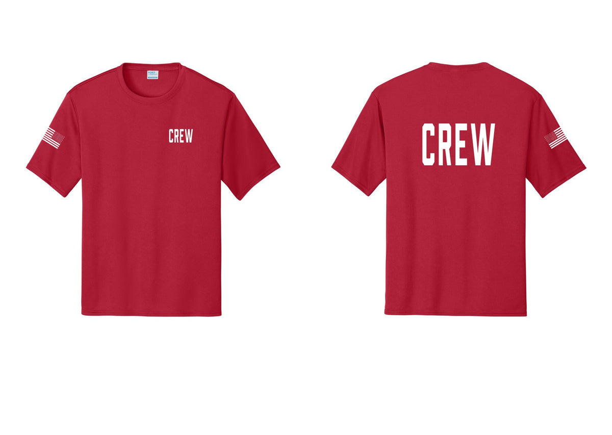NYC Factory Crew Performance T-Shirt for Event Staff & Production Teams (Classic) - Chest + Back + US Flag Sleeve - Red