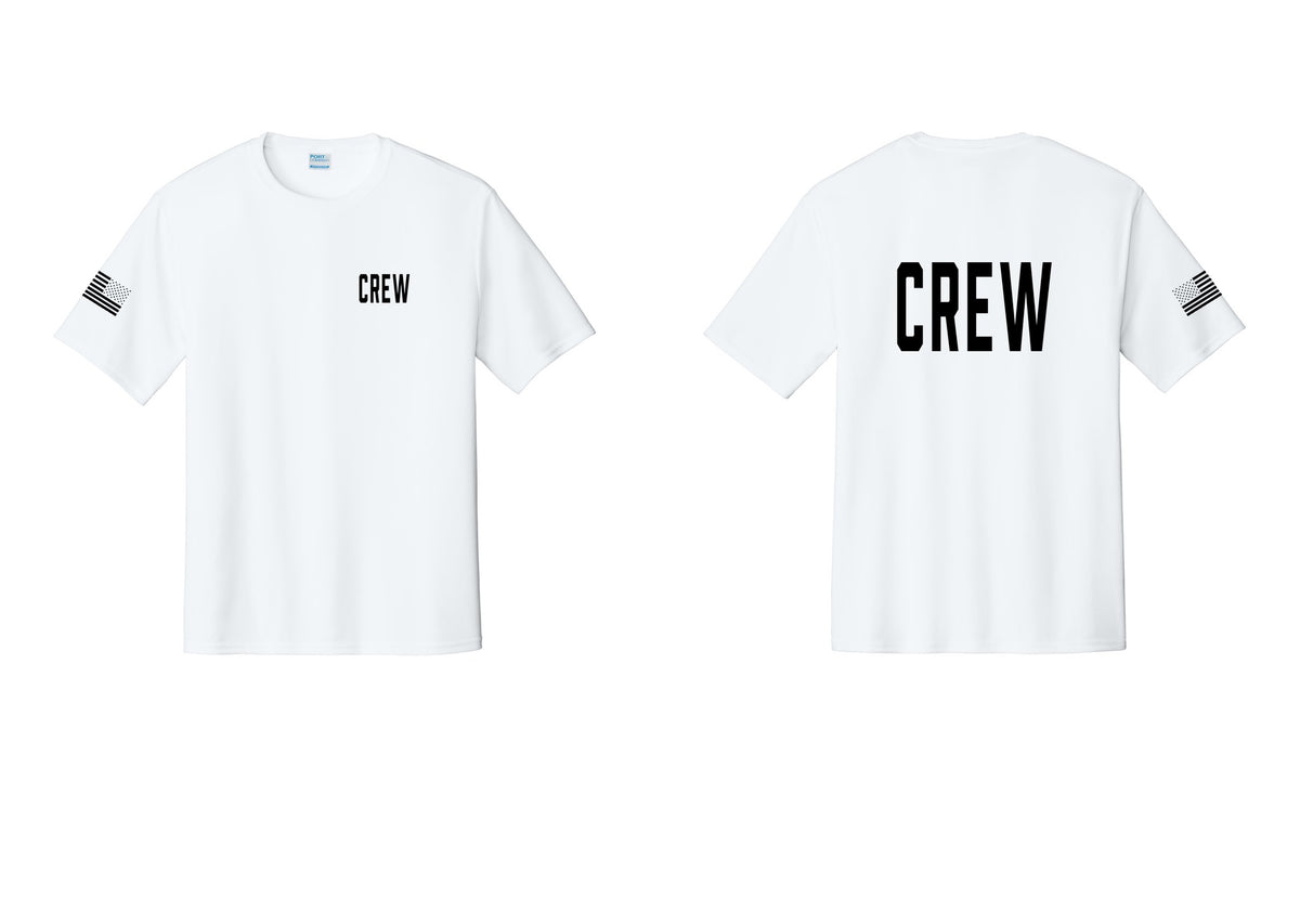 NYC Factory Crew Performance T-Shirt for Event Staff & Production Teams (Classic) - Chest + Back + US Flag Sleeve - White