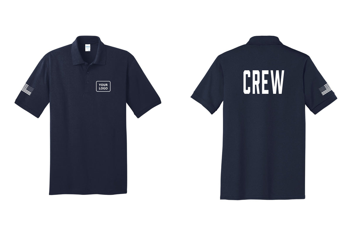 NYC Factory Custom Work Crew Uniform Polo Shirt with Your Logo (Classic) - Your Logo + Back + US Flag Sleeve - Navy