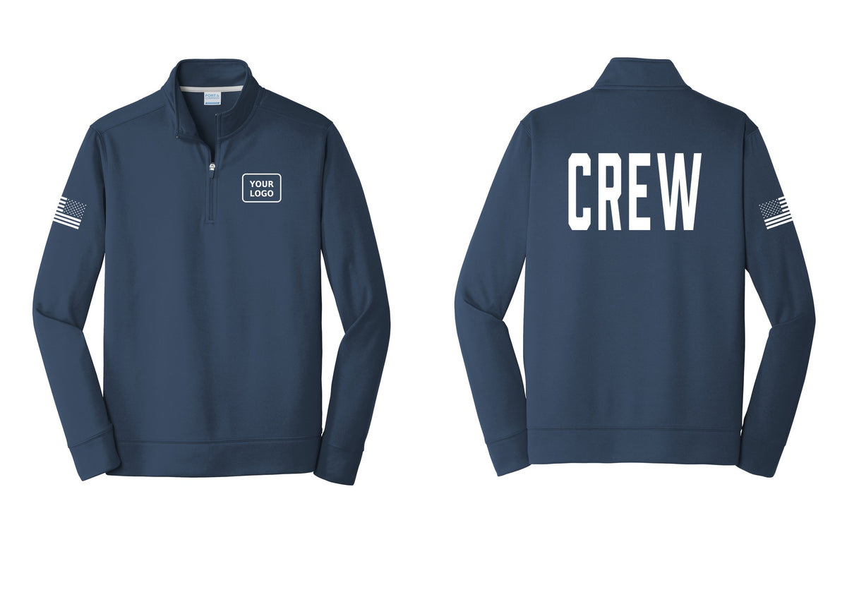 NYC Factory Custom Work Crew Uniform Performance Fleece 1/4-Zip Pullover Sweatshirt with Your Logo (Classic) - Your Logo + Back + US Flag Sleeve - Navy