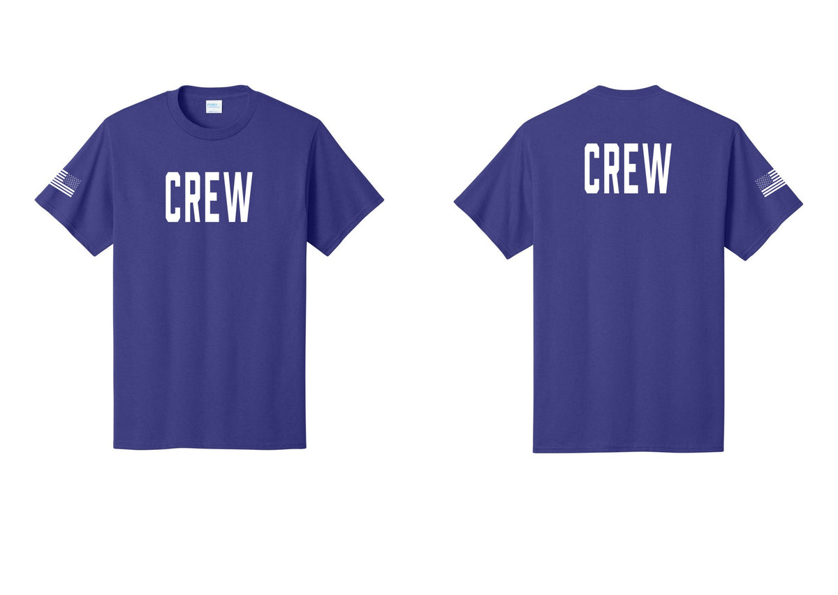 NYC Factory Crew T-Shirt, Condensed Lettering - Front + Back + US Flag Sleeve - Purple