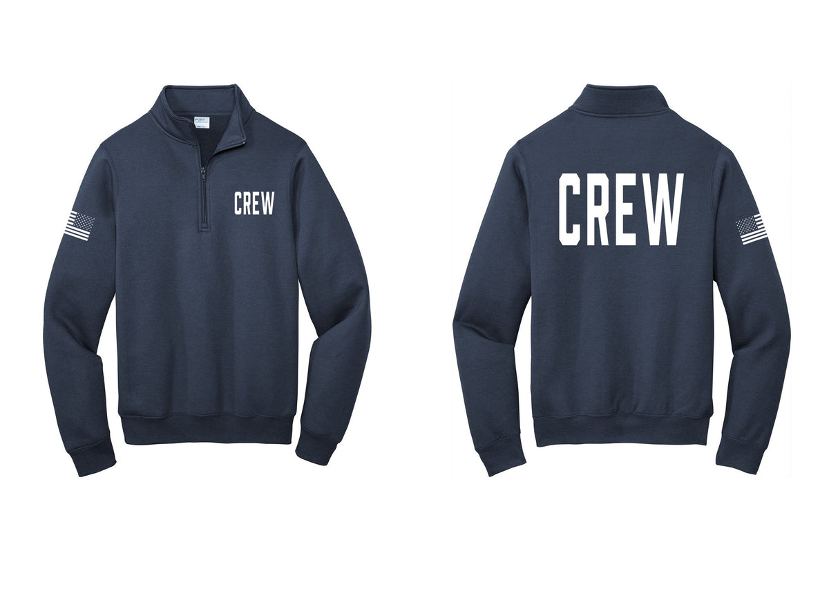 NYC Factory Crew Cotton Fleece 1/4-Zip Pullover Sweatshirt for Event Staff & Production Teams (Classic) - Chest + Back + US Flag Sleeve - Navy