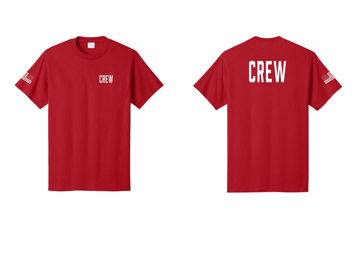 NYC Factory Crew T-Shirt, Condensed Lettering - Chest + Back + US Flag Sleeve - Red