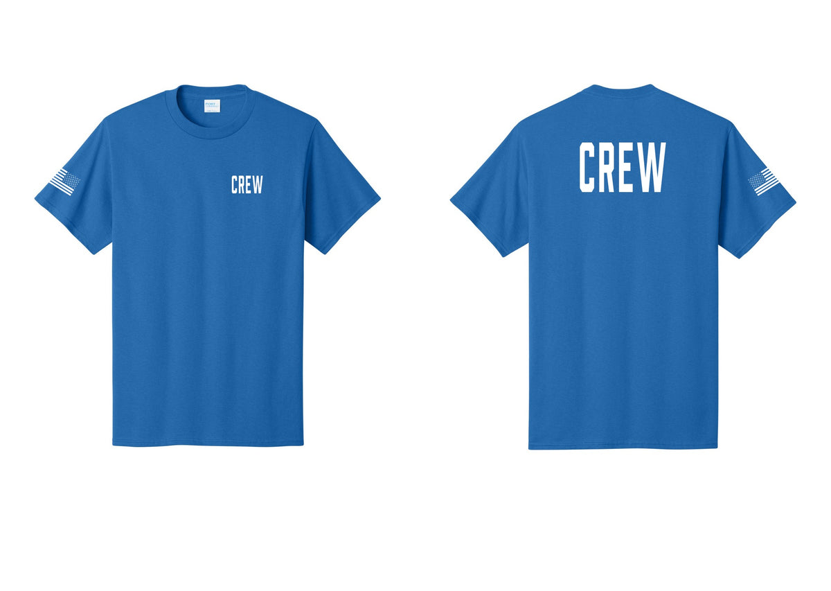 NYC Factory Crew T-Shirt, Condensed Lettering - Chest + Back + US Flag Sleeve - Royal